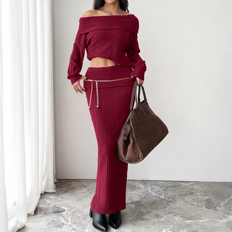 Ribbed Off-Shoulder Two-Piece Set with Maxi Skirt