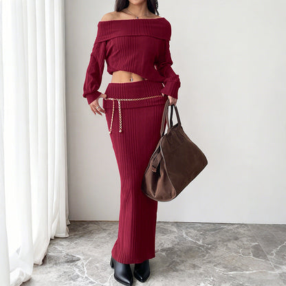 Ribbed Off-Shoulder Two-Piece Set with Maxi Skirt
