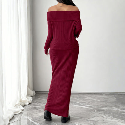 Ribbed Off-Shoulder Two-Piece Set with Maxi Skirt