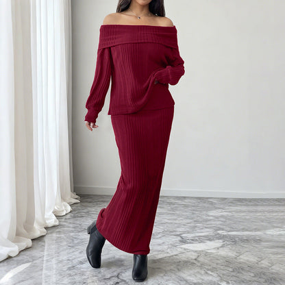 Ribbed Off-Shoulder Two-Piece Set with Maxi Skirt