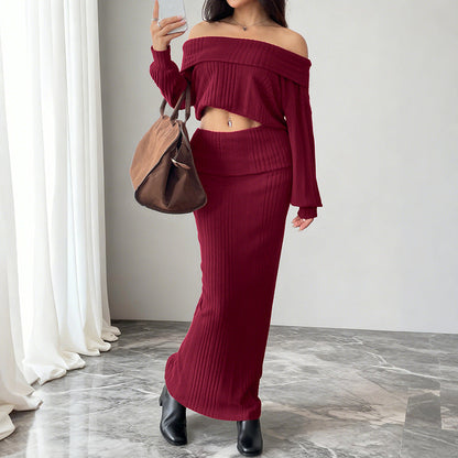 Ribbed Off-Shoulder Two-Piece Set with Maxi Skirt