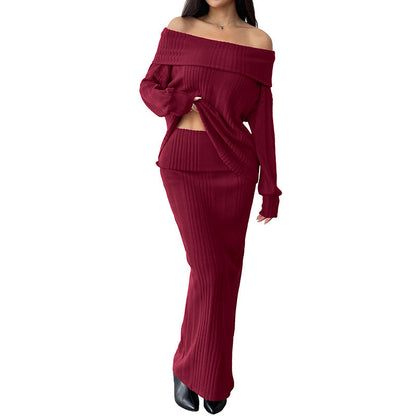 Ribbed Off-Shoulder Two-Piece Set with Maxi Skirt