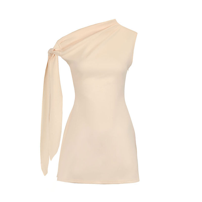 Solid One-Shoulder A-Line Mini Dress with Streamer Detail
