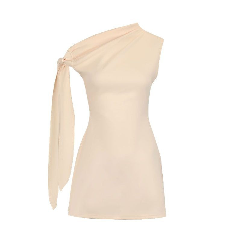 Solid One-Shoulder A-Line Mini Dress with Streamer Detail