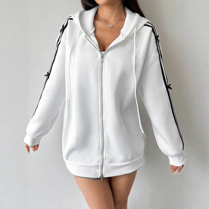 Loose Striped Zip-Up Hoodie with Bow Details