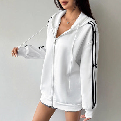 Loose Striped Zip-Up Hoodie with Bow Details