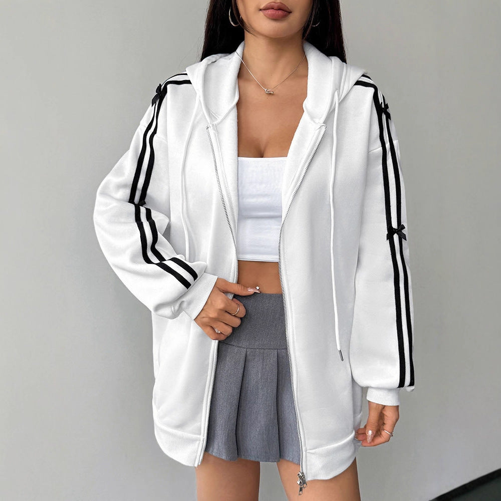 Loose Striped Zip-Up Hoodie with Bow Details