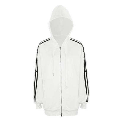 Loose Striped Zip-Up Hoodie with Bow Details
