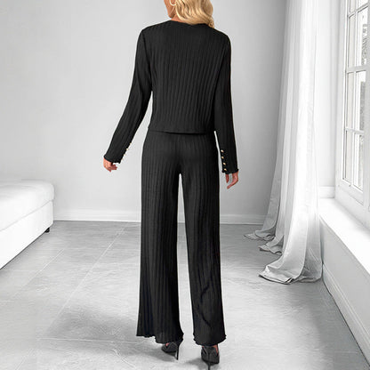 Ribbed Wide-Leg Two-Piece Suit with V-Neck and Metal Buttons