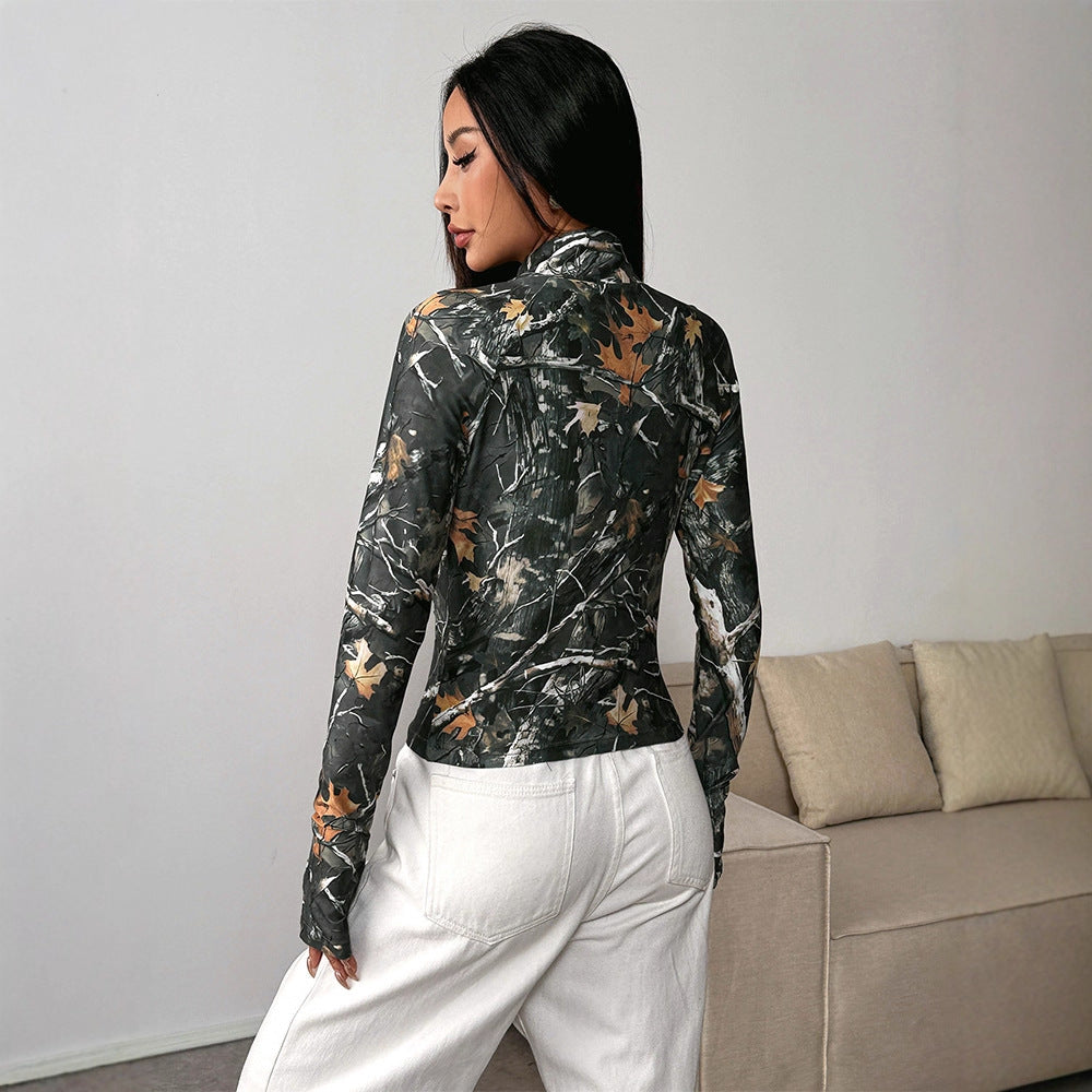 Slim Fit Camouflage Zip-Up Cardigan with Stand Collar