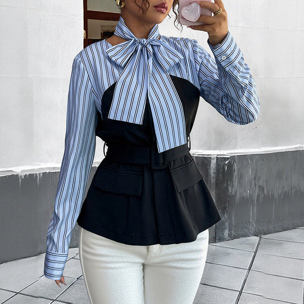 Slim Fit Striped Blouse with Fake Two-Piece Peplum and Bow