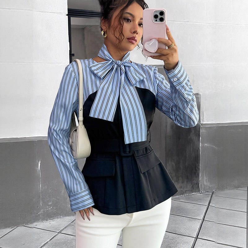 Slim Fit Striped Blouse with Fake Two-Piece Peplum and Bow