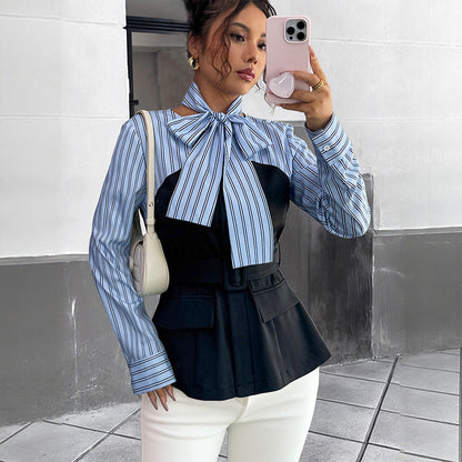 Slim Fit Striped Blouse with Fake Two-Piece Peplum and Bow