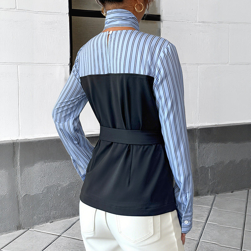Slim Fit Striped Blouse with Fake Two-Piece Peplum and Bow