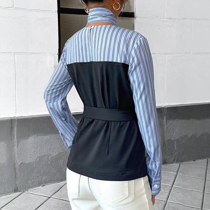 Slim Fit Striped Blouse with Fake Two-Piece Peplum and Bow