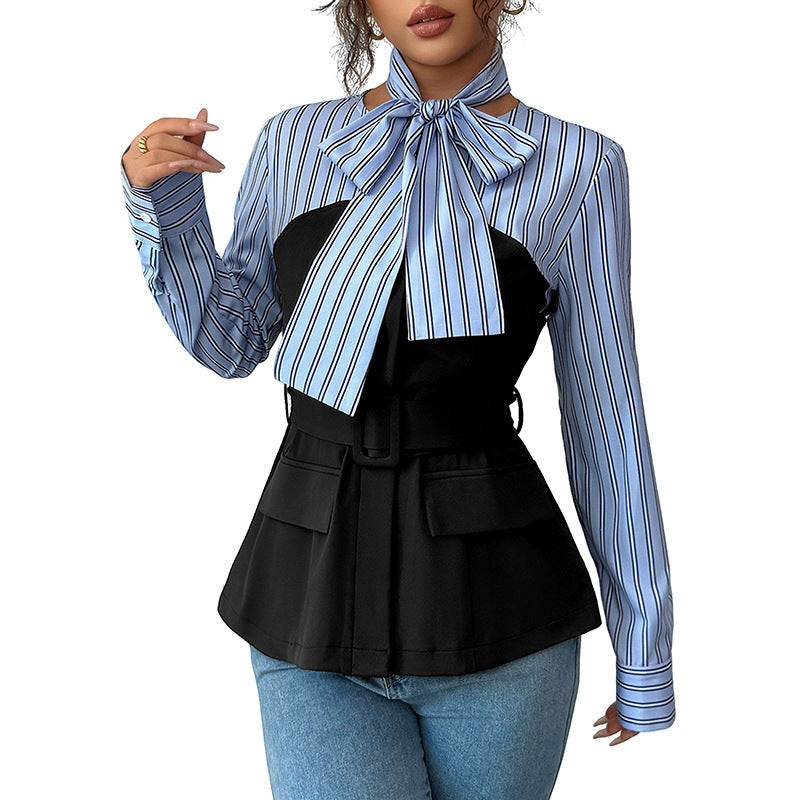 Slim Fit Striped Blouse with Fake Two-Piece Peplum and Bow