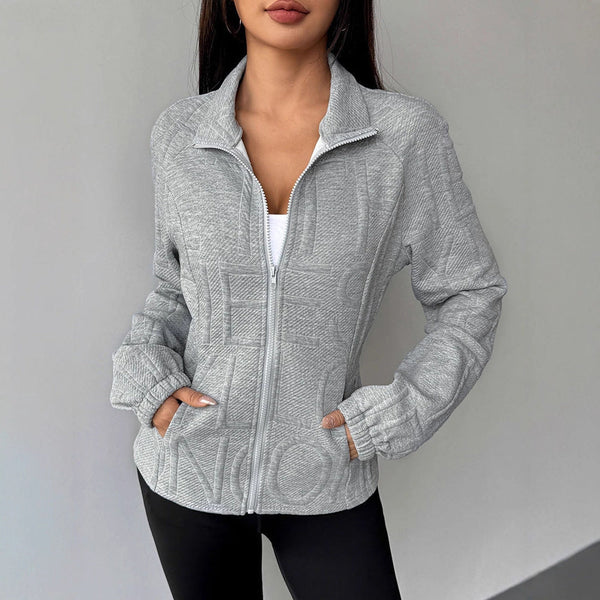 Slim Fit Letter Embossed Zip-Up Jacket with Lapel Collar
