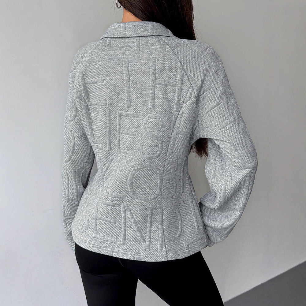 Slim Fit Letter Embossed Zip-Up Jacket with Lapel Collar