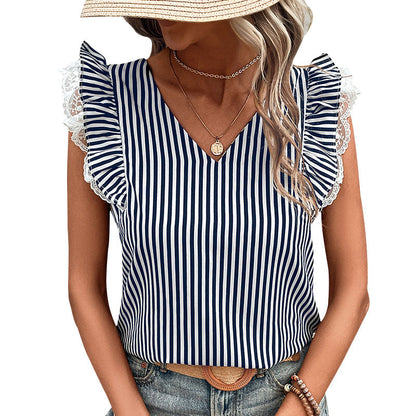 Striped V-Neck Pullover Top with Lace-Trim Ruffle Sleeves