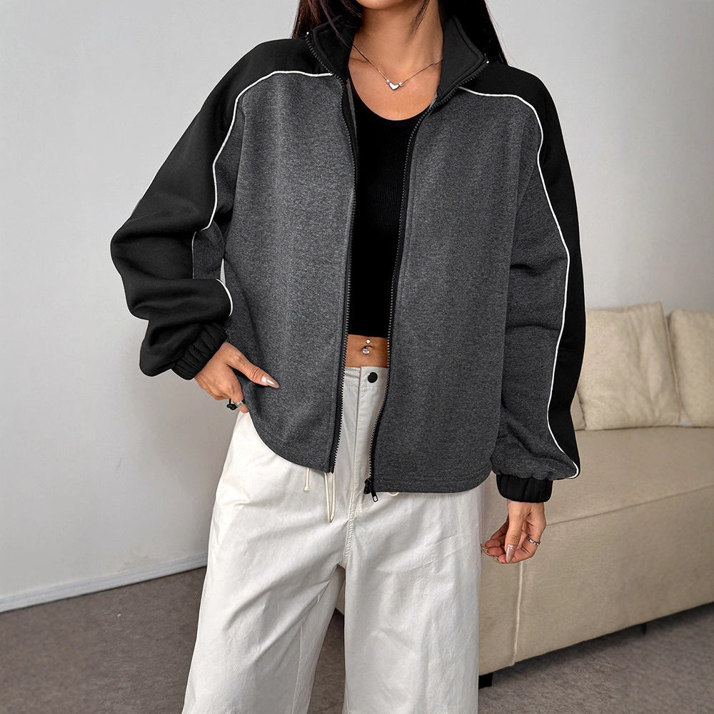 Loose Fit Color-Block Zip-Up Sweatshirt with Piping