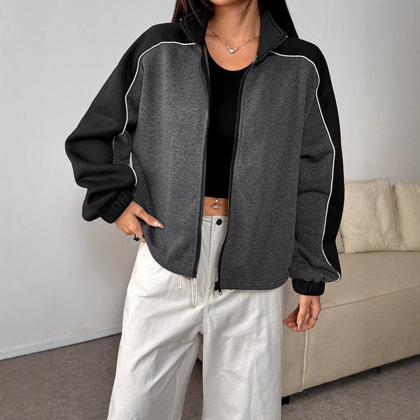 Loose Fit Color-Block Zip-Up Sweatshirt with Piping