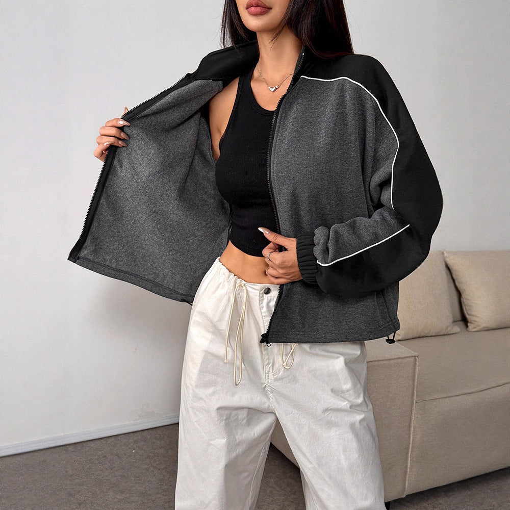 Loose Fit Color-Block Zip-Up Sweatshirt with Piping