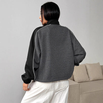 Loose Fit Color-Block Zip-Up Sweatshirt with Piping