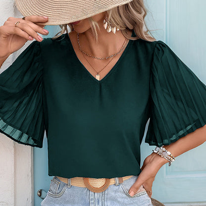 Solid V-Neck Blouse with Pleated Puff Sleeves