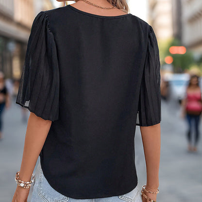 Solid V-Neck Blouse with Pleated Puff Sleeves