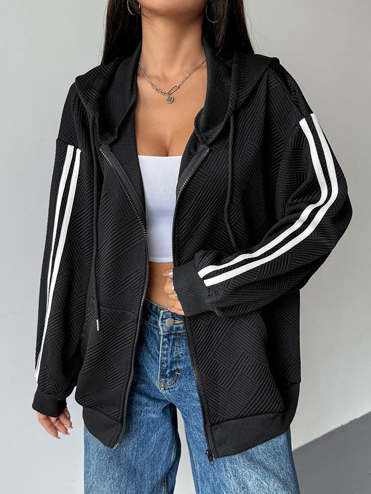 Loose Fit Textured Zip-Up Hoodie with Striped Sleeves