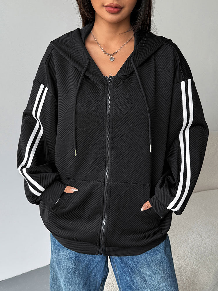 Loose Fit Textured Zip-Up Hoodie with Striped Sleeves