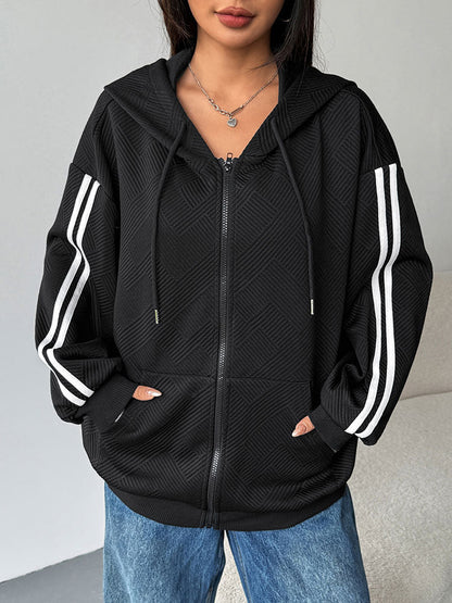 Loose Fit Textured Zip-Up Hoodie with Striped Sleeves