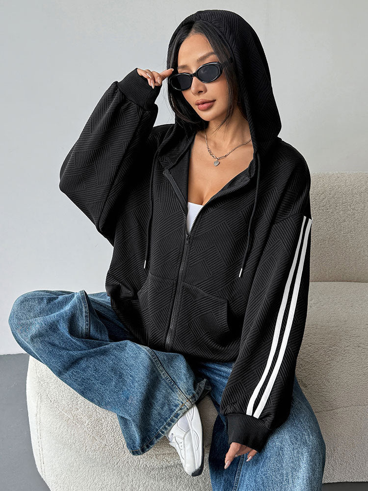 Loose Fit Textured Zip-Up Hoodie with Striped Sleeves