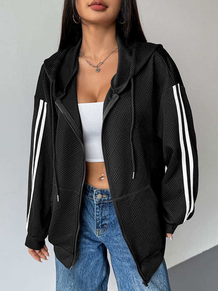 Loose Fit Textured Zip-Up Hoodie with Striped Sleeves