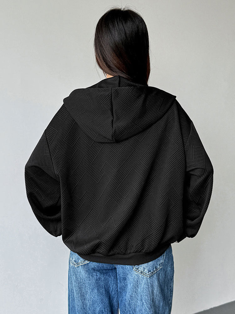 Loose Fit Textured Zip-Up Hoodie with Striped Sleeves