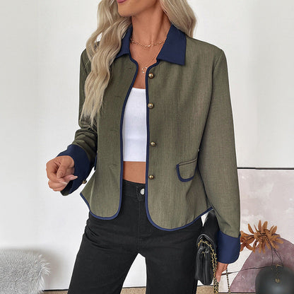 Contrast Trim Twill Jacket with Lapel and Gold Buttons