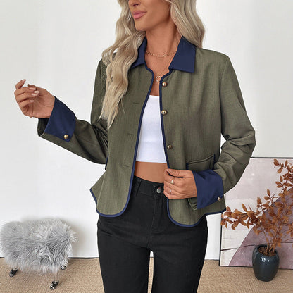 Contrast Trim Twill Jacket with Lapel and Gold Buttons