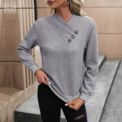 Textured Pullover Sweatshirt with Asymmetrical Button Neck