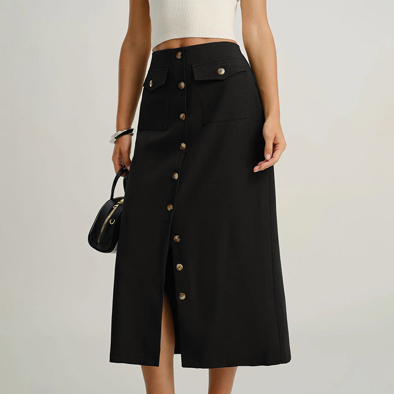 Straight Midi Skirt with Button-Front and Flap Pockets
