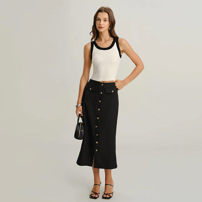 Straight Midi Skirt with Button-Front and Flap Pockets