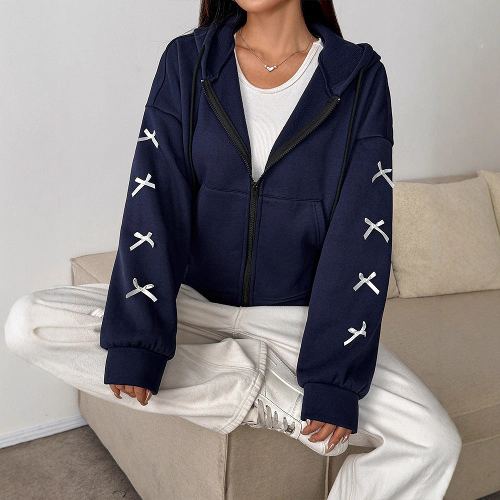 Loose Fit Zip-Up Hoodie with Ribbon Bow Details