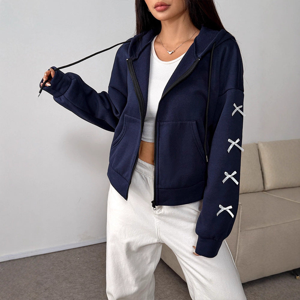 Loose Fit Zip-Up Hoodie with Ribbon Bow Details