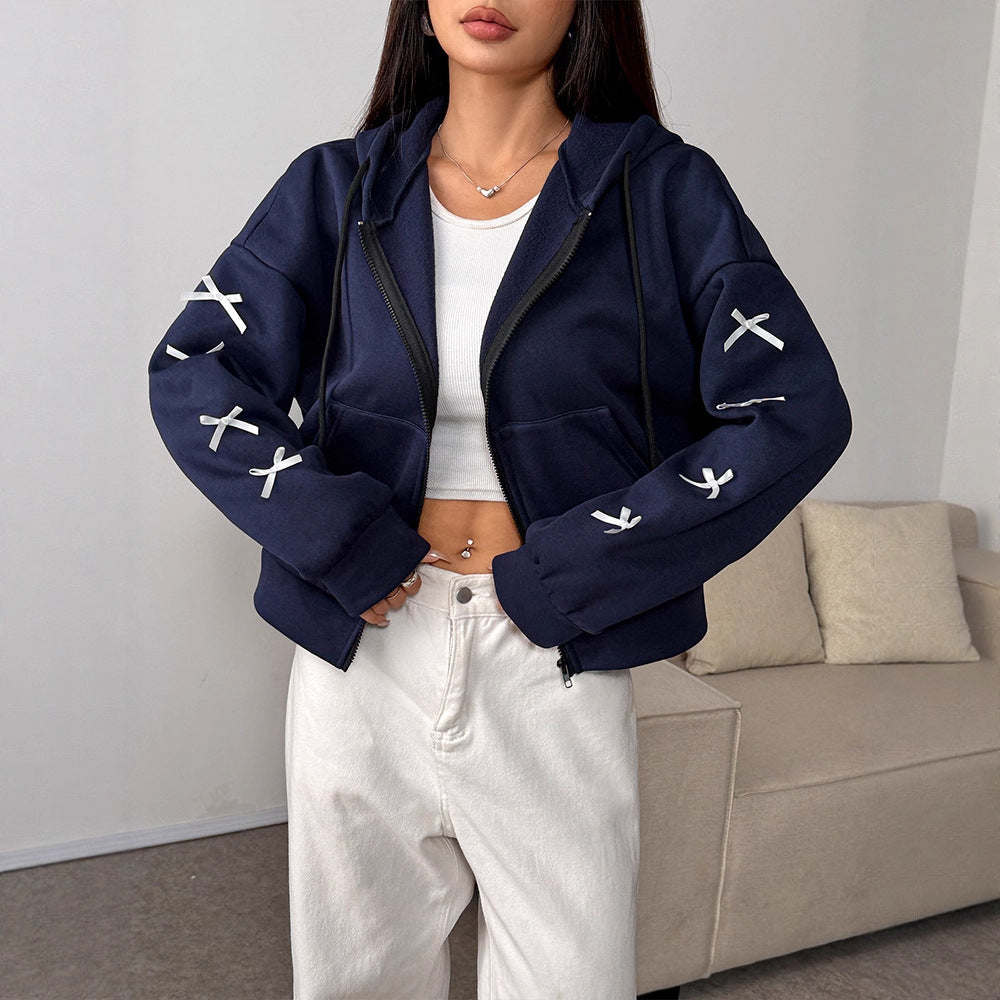 Loose Fit Zip-Up Hoodie with Ribbon Bow Details