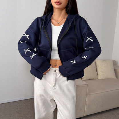 Loose Fit Zip-Up Hoodie with Ribbon Bow Details