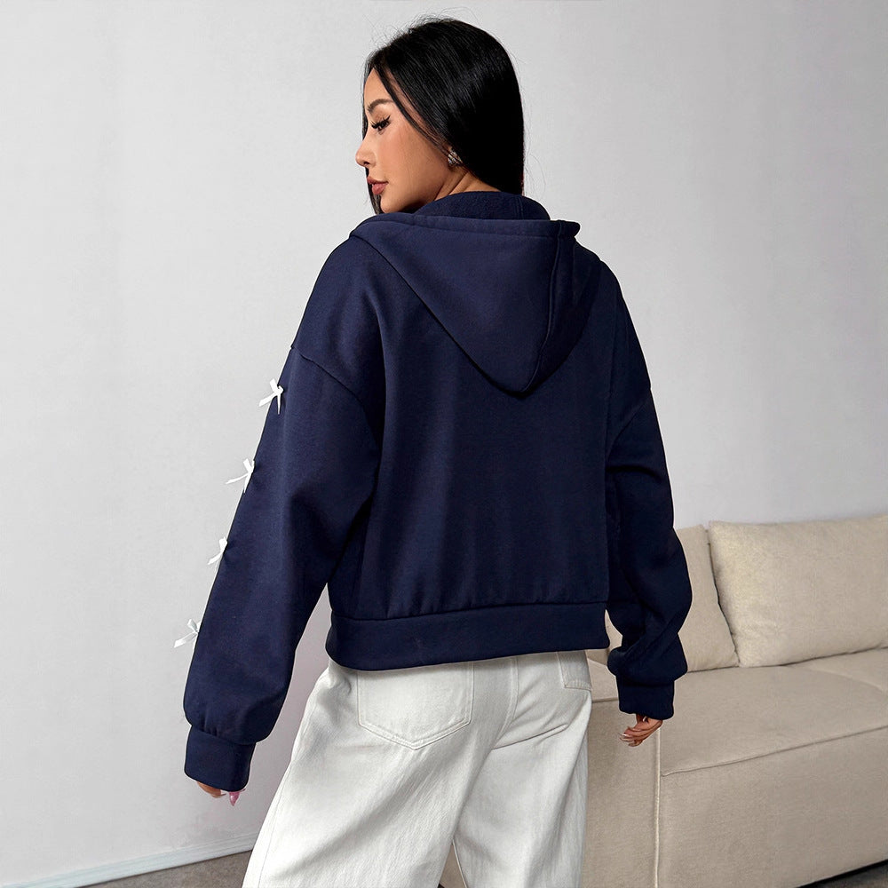 Loose Fit Zip-Up Hoodie with Ribbon Bow Details