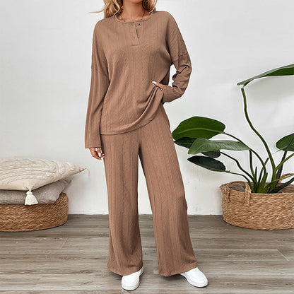 Textured Knit Two-Piece Set with Henley Top and Wide-Leg Pants