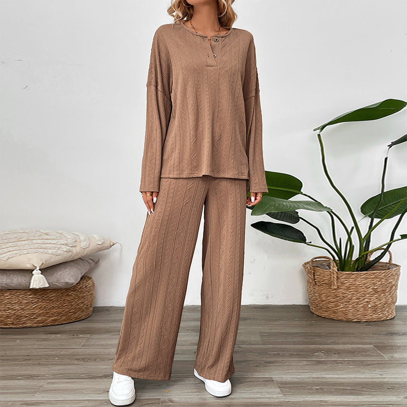 Textured Knit Two-Piece Set with Henley Top and Wide-Leg Pants