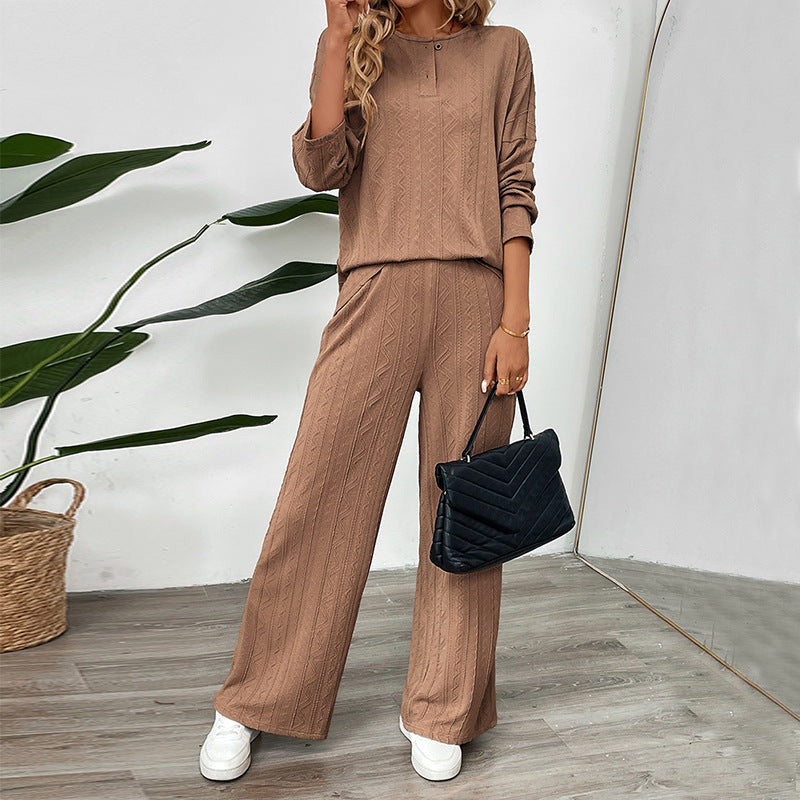Textured Knit Two-Piece Set with Henley Top and Wide-Leg Pants