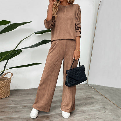 Textured Knit Two-Piece Set with Henley Top and Wide-Leg Pants