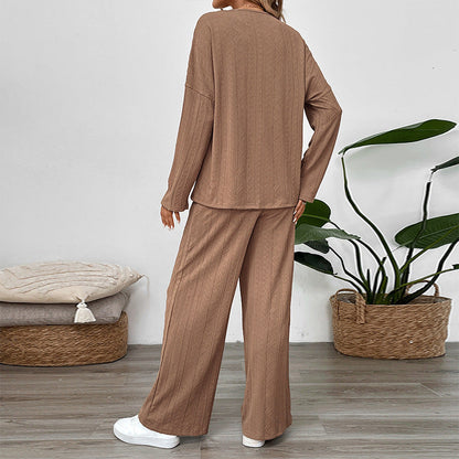 Textured Knit Two-Piece Set with Henley Top and Wide-Leg Pants
